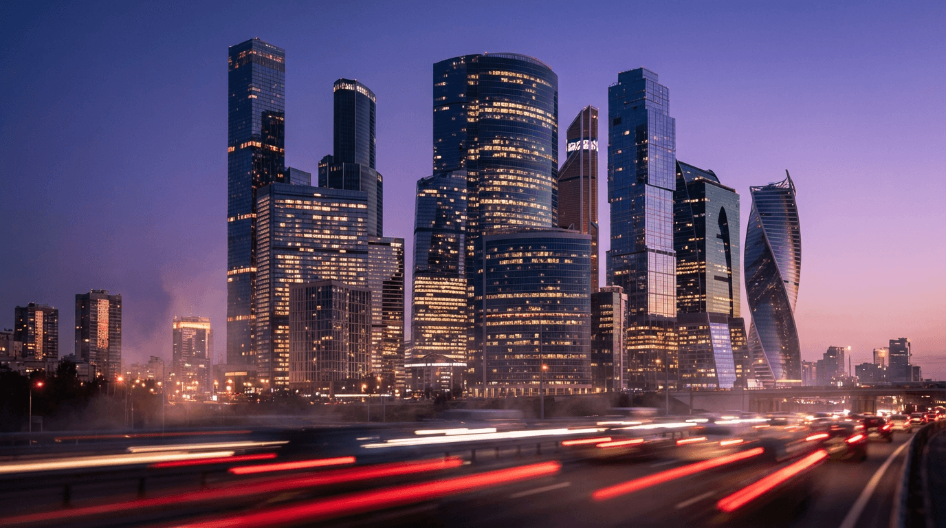 Panorámica urbana al atardecer con luces cálidas