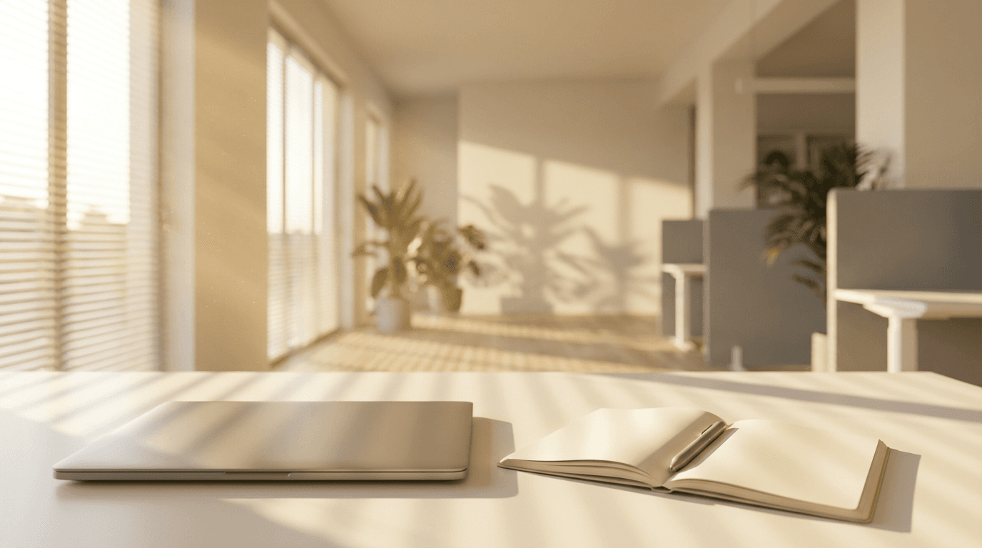 Escritorio minimalista con portátil y libreta en un espacio de trabajo limpio y luminoso